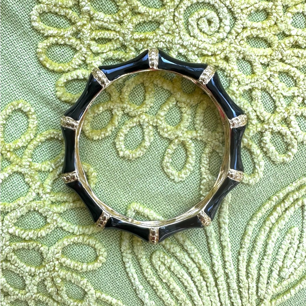 Kenneth Jay Lane Gold Plated Black Enamel Bamboo Bangle Bracelet Vintage - Picture 5 of 9